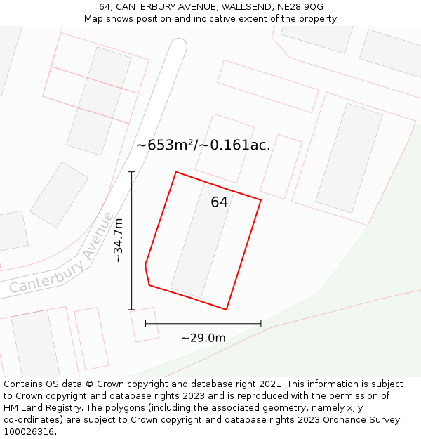 64, CANTERBURY AVENUE, WALLSEND, NE28 9QG: Plot and title map