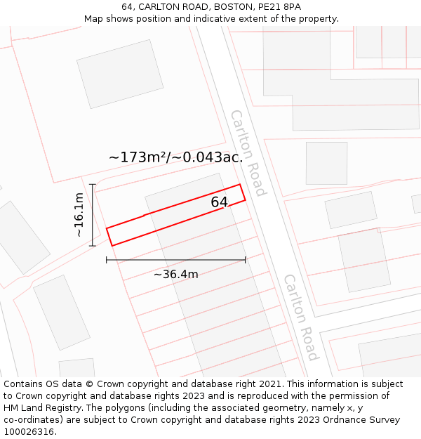 64, CARLTON ROAD, BOSTON, PE21 8PA: Plot and title map