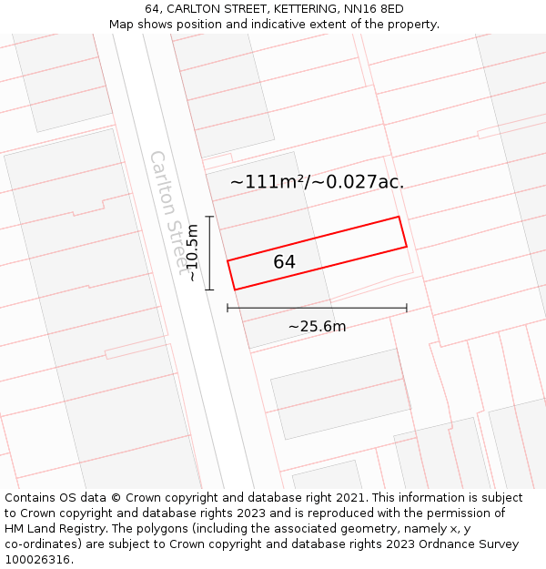 64, CARLTON STREET, KETTERING, NN16 8ED: Plot and title map