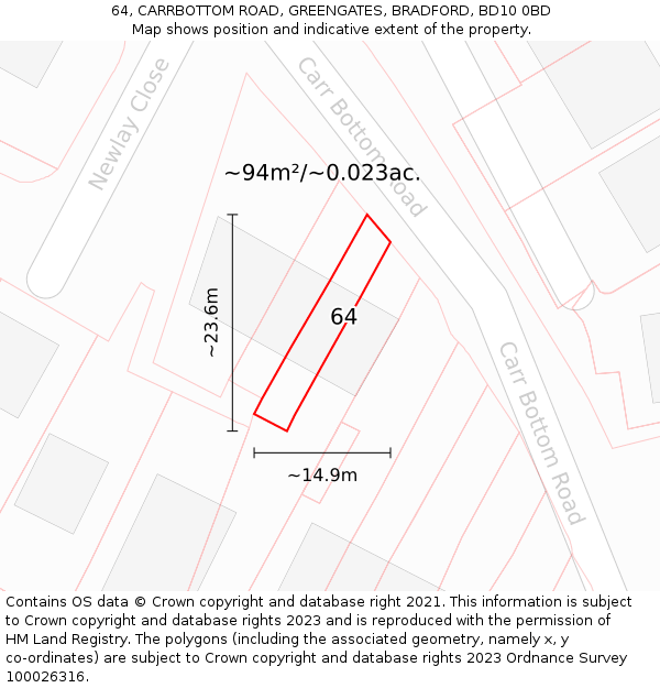 64, CARRBOTTOM ROAD, GREENGATES, BRADFORD, BD10 0BD: Plot and title map
