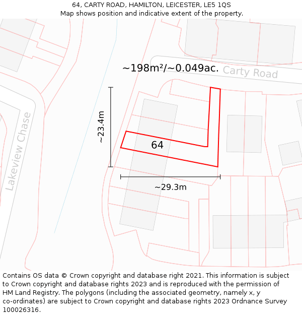 64, CARTY ROAD, HAMILTON, LEICESTER, LE5 1QS: Plot and title map