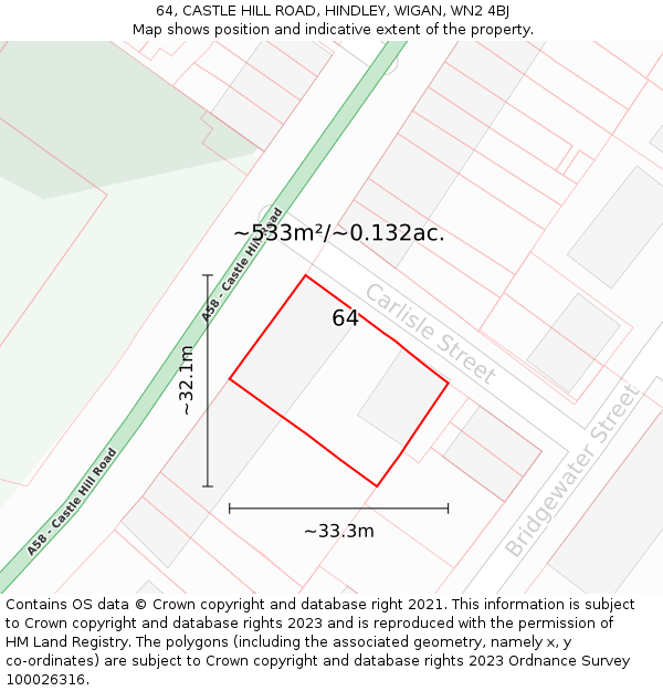 64, CASTLE HILL ROAD, HINDLEY, WIGAN, WN2 4BJ: Plot and title map