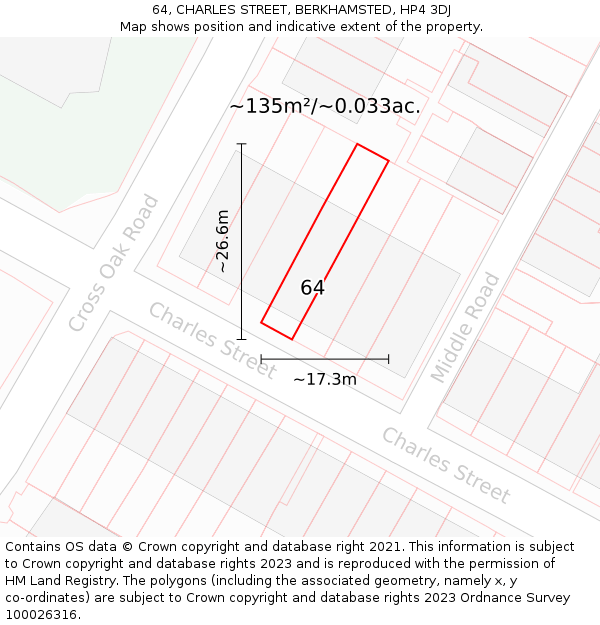 64, CHARLES STREET, BERKHAMSTED, HP4 3DJ: Plot and title map