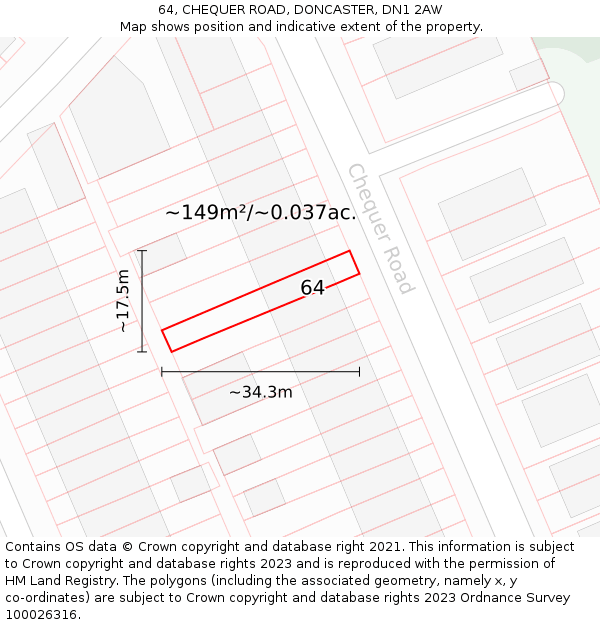 64, CHEQUER ROAD, DONCASTER, DN1 2AW: Plot and title map