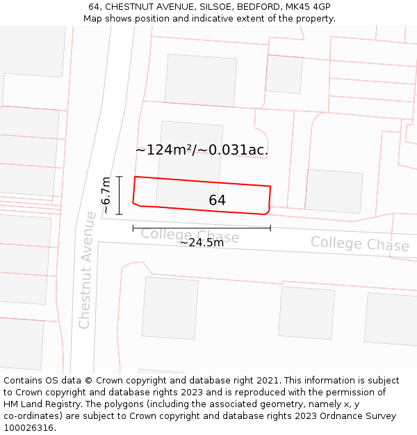 64, CHESTNUT AVENUE, SILSOE, BEDFORD, MK45 4GP: Plot and title map