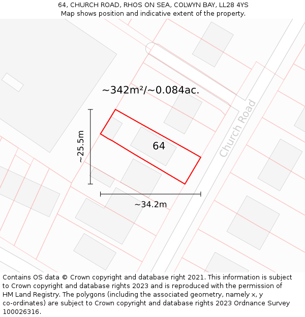 64, CHURCH ROAD, RHOS ON SEA, COLWYN BAY, LL28 4YS: Plot and title map