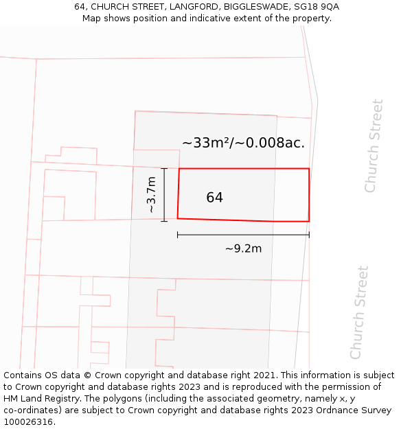 64, CHURCH STREET, LANGFORD, BIGGLESWADE, SG18 9QA: Plot and title map