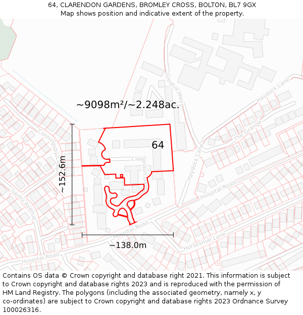 64, CLARENDON GARDENS, BROMLEY CROSS, BOLTON, BL7 9GX: Plot and title map