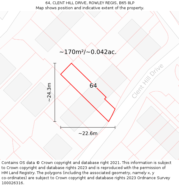 64, CLENT HILL DRIVE, ROWLEY REGIS, B65 8LP: Plot and title map
