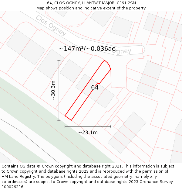 64, CLOS OGNEY, LLANTWIT MAJOR, CF61 2SN: Plot and title map