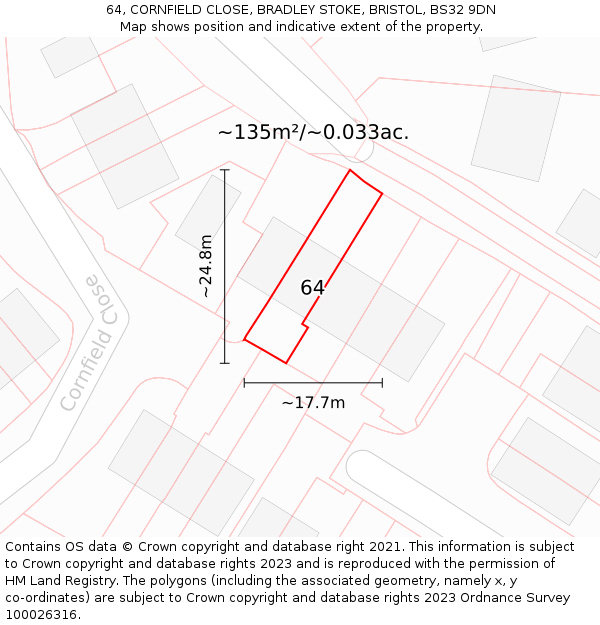 64, CORNFIELD CLOSE, BRADLEY STOKE, BRISTOL, BS32 9DN: Plot and title map
