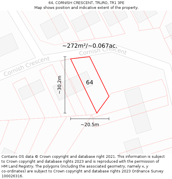 64, CORNISH CRESCENT, TRURO, TR1 3PE: Plot and title map