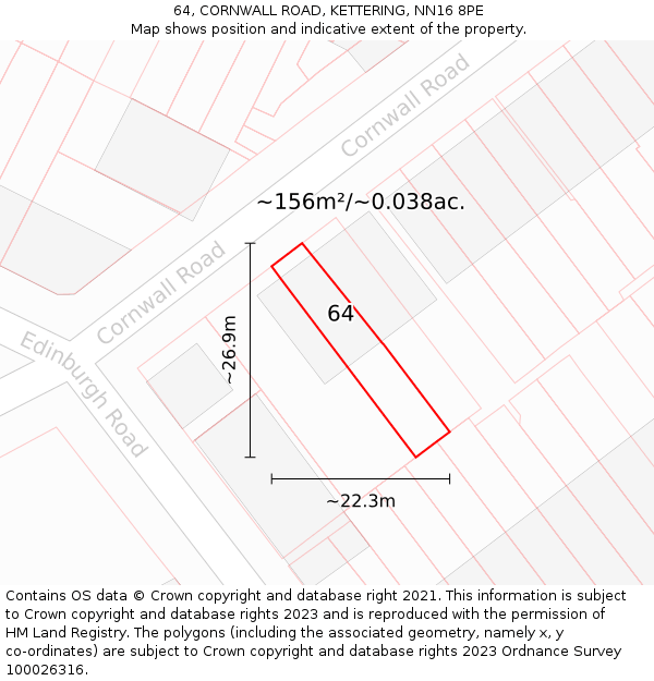 64, CORNWALL ROAD, KETTERING, NN16 8PE: Plot and title map