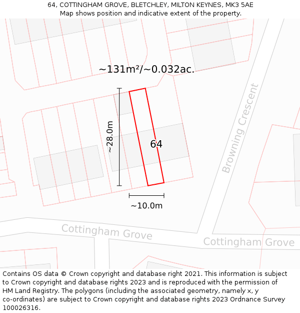 64, COTTINGHAM GROVE, BLETCHLEY, MILTON KEYNES, MK3 5AE: Plot and title map