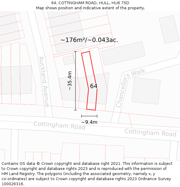 64, COTTINGHAM ROAD, HULL, HU6 7SD: Plot and title map