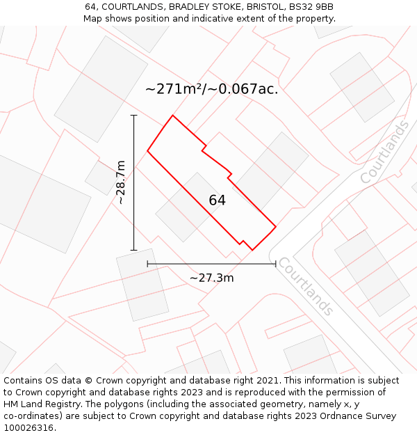 64, COURTLANDS, BRADLEY STOKE, BRISTOL, BS32 9BB: Plot and title map