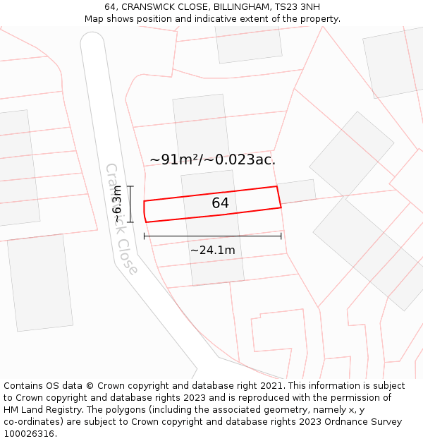 64, CRANSWICK CLOSE, BILLINGHAM, TS23 3NH: Plot and title map