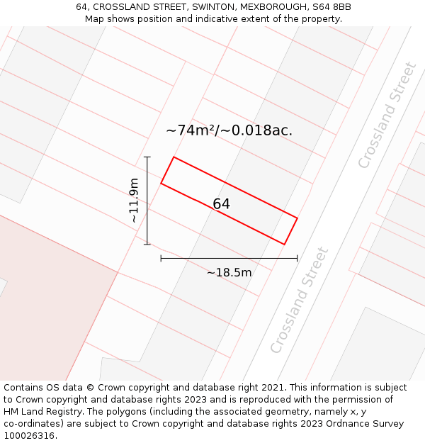 64, CROSSLAND STREET, SWINTON, MEXBOROUGH, S64 8BB: Plot and title map