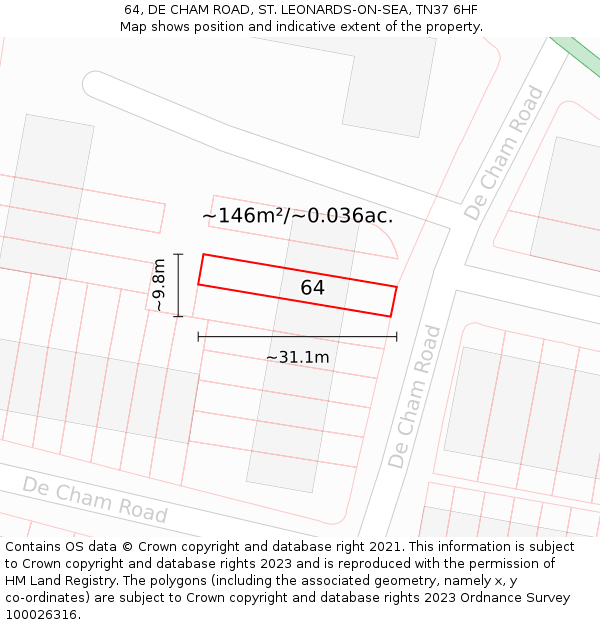 64, DE CHAM ROAD, ST. LEONARDS-ON-SEA, TN37 6HF: Plot and title map