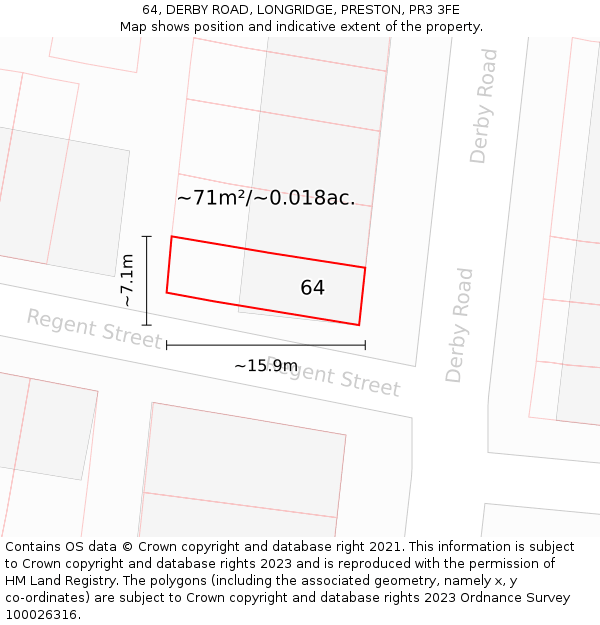 64, DERBY ROAD, LONGRIDGE, PRESTON, PR3 3FE: Plot and title map