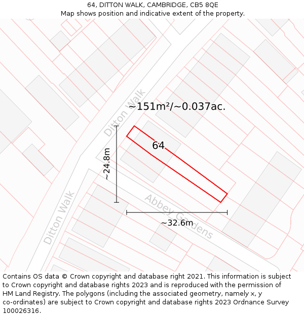 64, DITTON WALK, CAMBRIDGE, CB5 8QE: Plot and title map