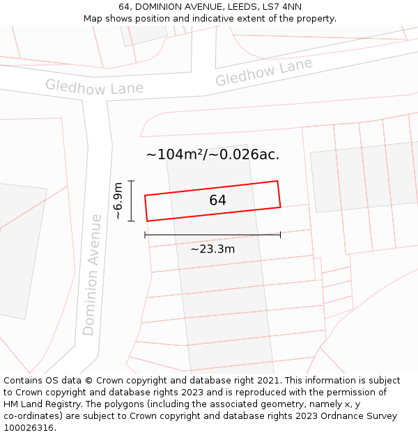 64, DOMINION AVENUE, LEEDS, LS7 4NN: Plot and title map