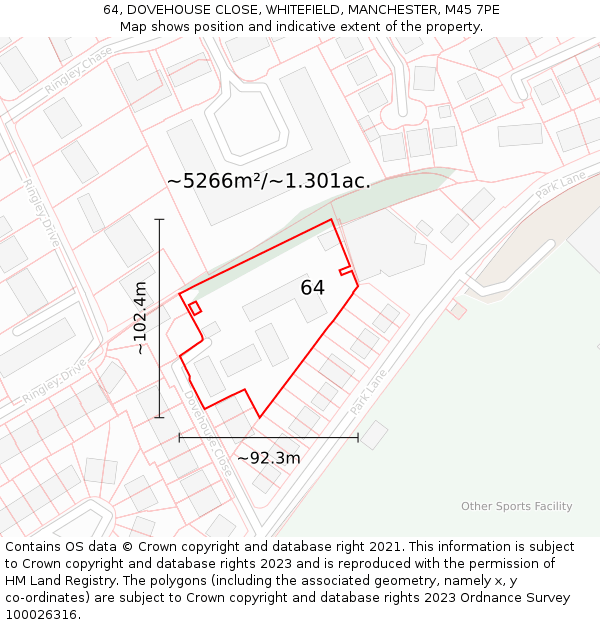 64, DOVEHOUSE CLOSE, WHITEFIELD, MANCHESTER, M45 7PE: Plot and title map