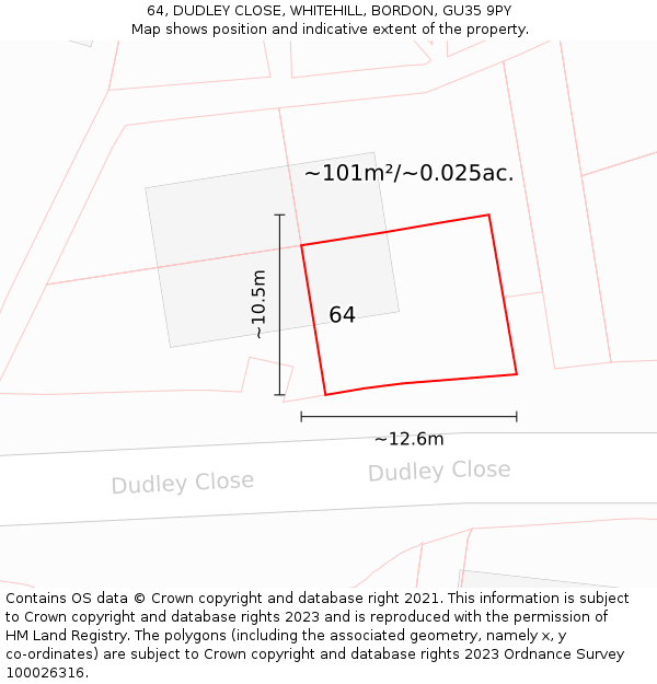 64, DUDLEY CLOSE, WHITEHILL, BORDON, GU35 9PY: Plot and title map