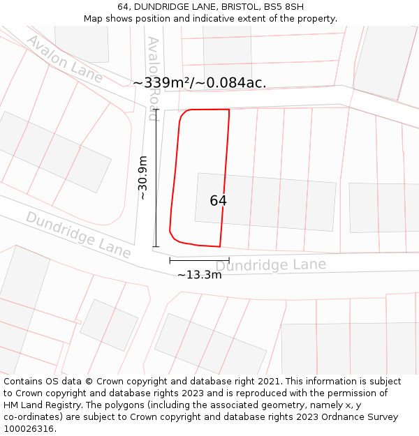 64, DUNDRIDGE LANE, BRISTOL, BS5 8SH: Plot and title map