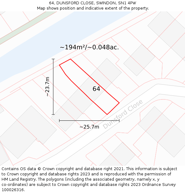 64, DUNSFORD CLOSE, SWINDON, SN1 4PW: Plot and title map