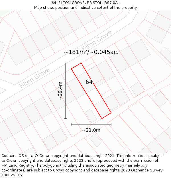 64, FILTON GROVE, BRISTOL, BS7 0AL: Plot and title map