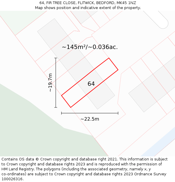 64, FIR TREE CLOSE, FLITWICK, BEDFORD, MK45 1NZ: Plot and title map