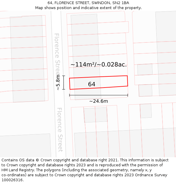 64, FLORENCE STREET, SWINDON, SN2 1BA: Plot and title map