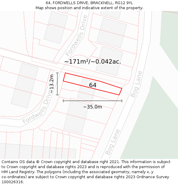 64, FORDWELLS DRIVE, BRACKNELL, RG12 9YL: Plot and title map
