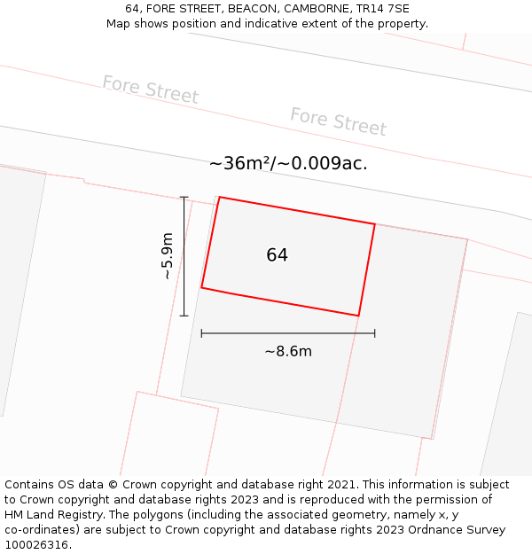 64, FORE STREET, BEACON, CAMBORNE, TR14 7SE: Plot and title map