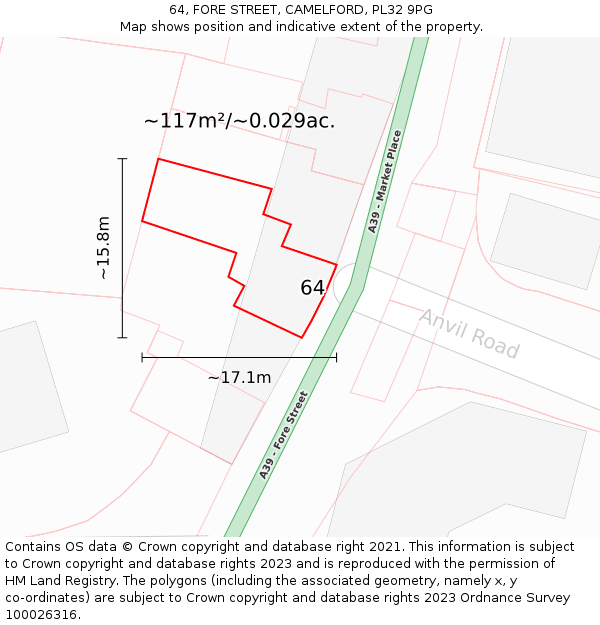 64, FORE STREET, CAMELFORD, PL32 9PG: Plot and title map