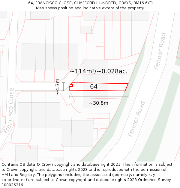 64, FRANCISCO CLOSE, CHAFFORD HUNDRED, GRAYS, RM16 6YD: Plot and title map