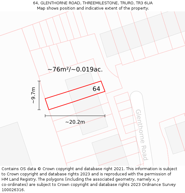 64, GLENTHORNE ROAD, THREEMILESTONE, TRURO, TR3 6UA: Plot and title map
