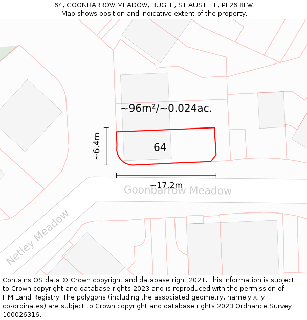 64, GOONBARROW MEADOW, BUGLE, ST AUSTELL, PL26 8FW: Plot and title map