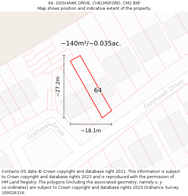 64, GOSHAWK DRIVE, CHELMSFORD, CM2 8XP: Plot and title map