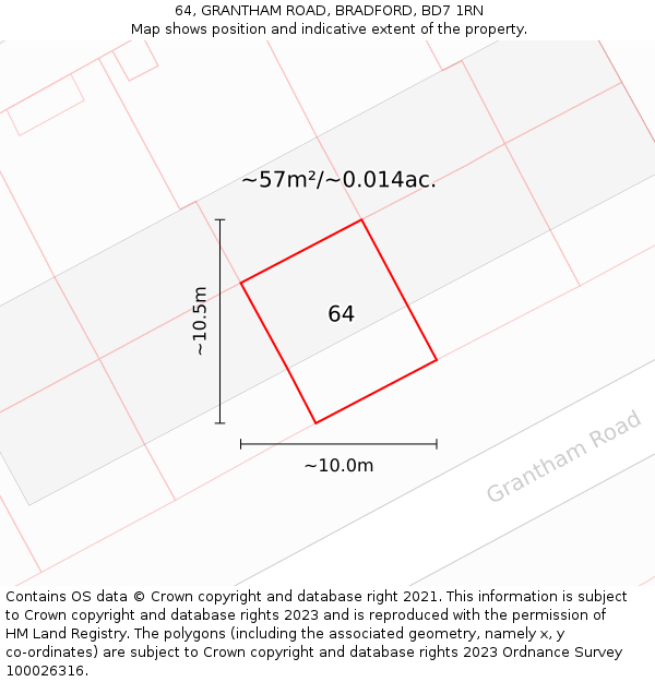 64, GRANTHAM ROAD, BRADFORD, BD7 1RN: Plot and title map