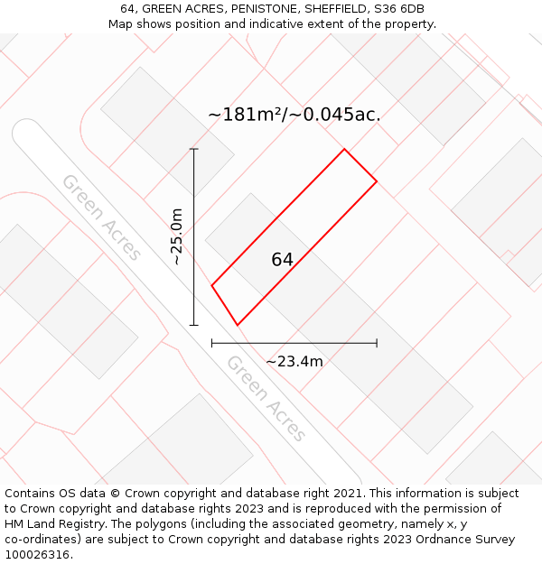64, GREEN ACRES, PENISTONE, SHEFFIELD, S36 6DB: Plot and title map