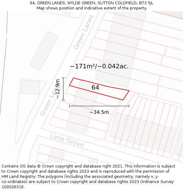 64, GREEN LANES, WYLDE GREEN, SUTTON COLDFIELD, B73 5JL: Plot and title map