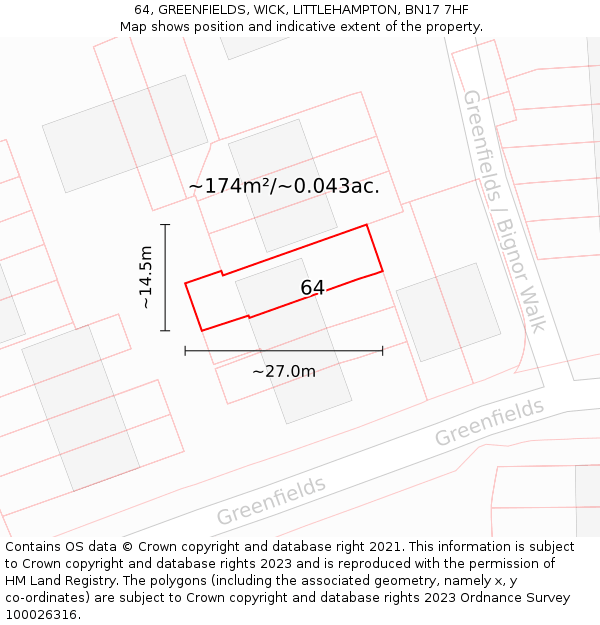 64, GREENFIELDS, WICK, LITTLEHAMPTON, BN17 7HF: Plot and title map