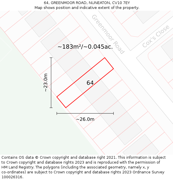 64, GREENMOOR ROAD, NUNEATON, CV10 7EY: Plot and title map