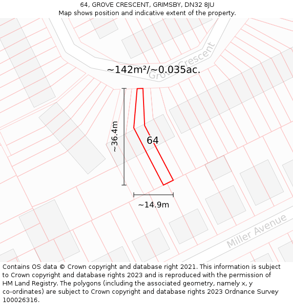 64, GROVE CRESCENT, GRIMSBY, DN32 8JU: Plot and title map
