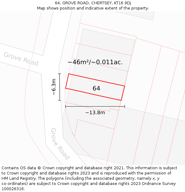 64, GROVE ROAD, CHERTSEY, KT16 9DJ: Plot and title map