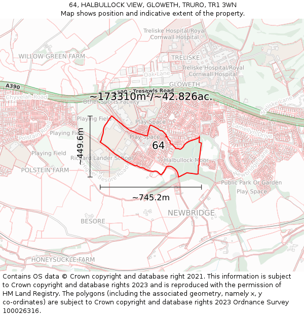 64, HALBULLOCK VIEW, GLOWETH, TRURO, TR1 3WN: Plot and title map