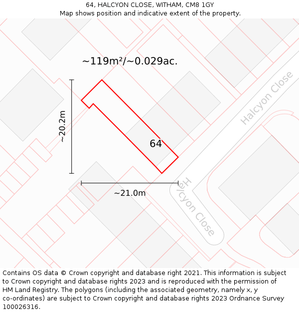64, HALCYON CLOSE, WITHAM, CM8 1GY: Plot and title map