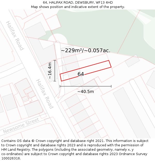 64, HALIFAX ROAD, DEWSBURY, WF13 4HD: Plot and title map